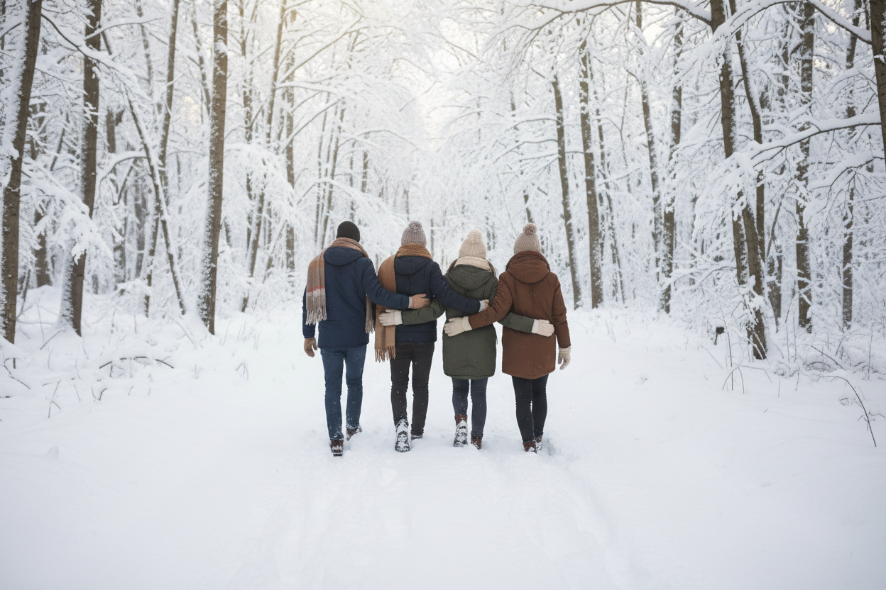 snowy woods backs of friends walking together